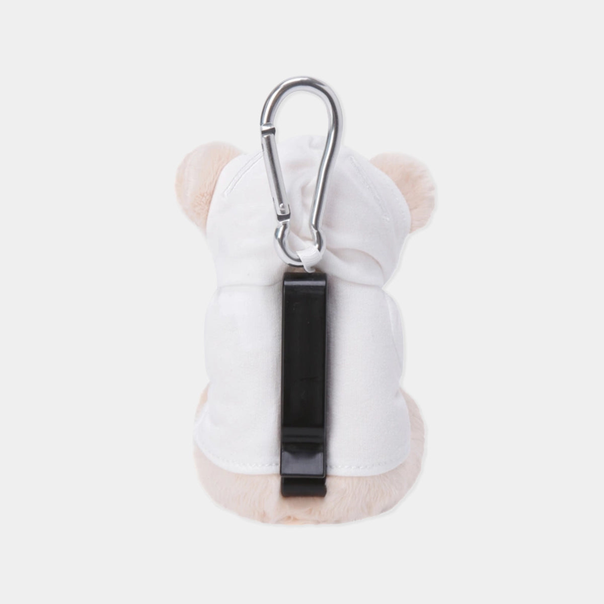 A white plush keychain shaped like a teddy bear, featuring soft blush pink ears and feet, a black plastic hanging strap, and a silver metal carabiner, shown against a light gray background.