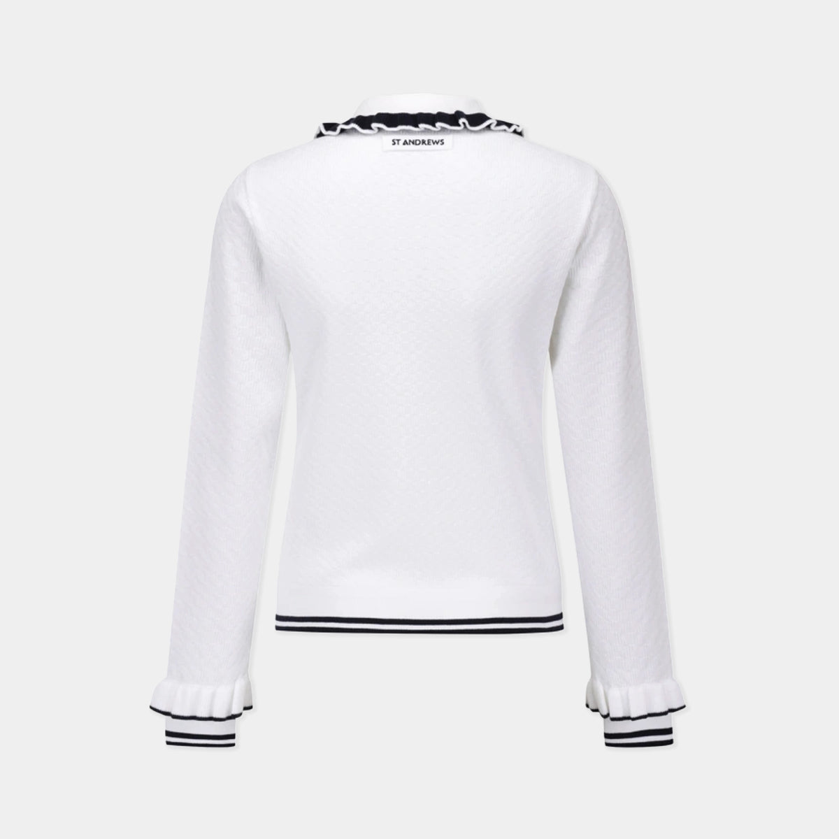 White long-sleeve knit sweater with black striped ribbing at the collar, hem, and cuffs, shown from the back on a light gray background.