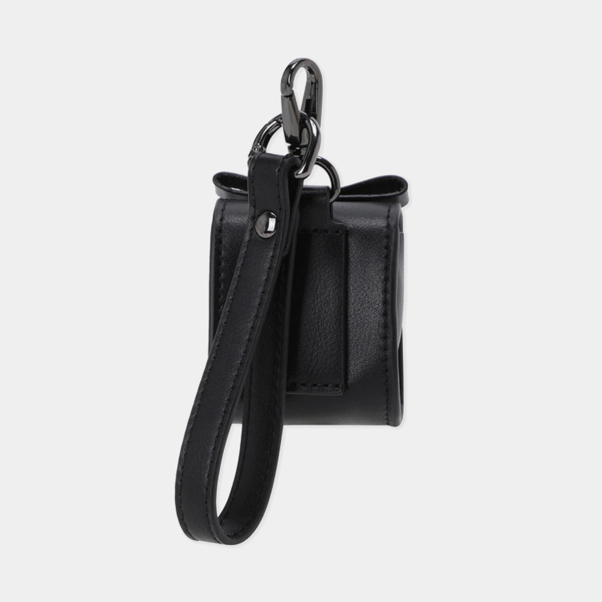 A black faux leather phone pouch with a matching wrist strap and a black metal carabiner, shown against a light gray background.