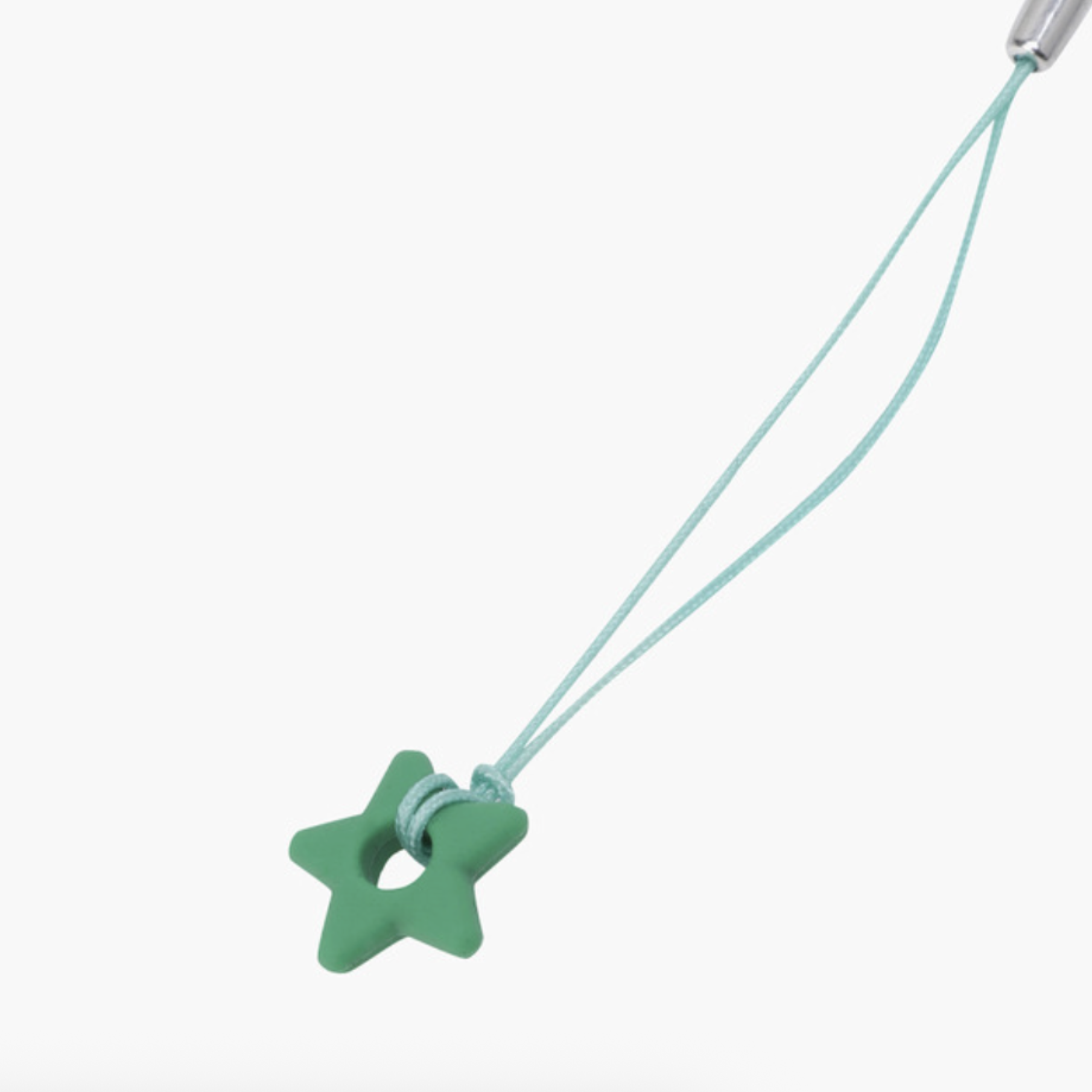 A mint green silicone star-shaped teether or pacifier clip attached to a matching mint green cord, shown against a plain white background.
