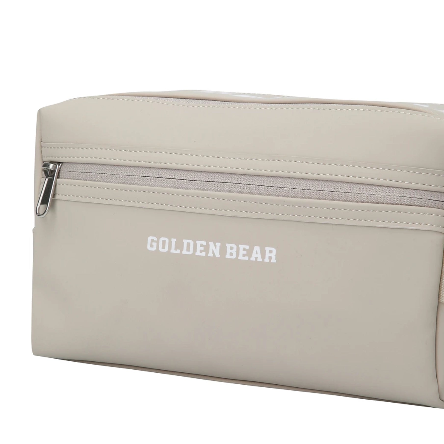 A light beige faux-leather pouch bag with a top zipper, featuring the brand name 'GOLDEN BEAR' printed in white on the front.