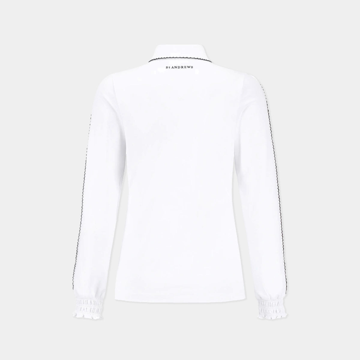 White long-sleeve collared top shown from the back, with black chain detailing running down the sleeves and a small black brand print at the inner neck.