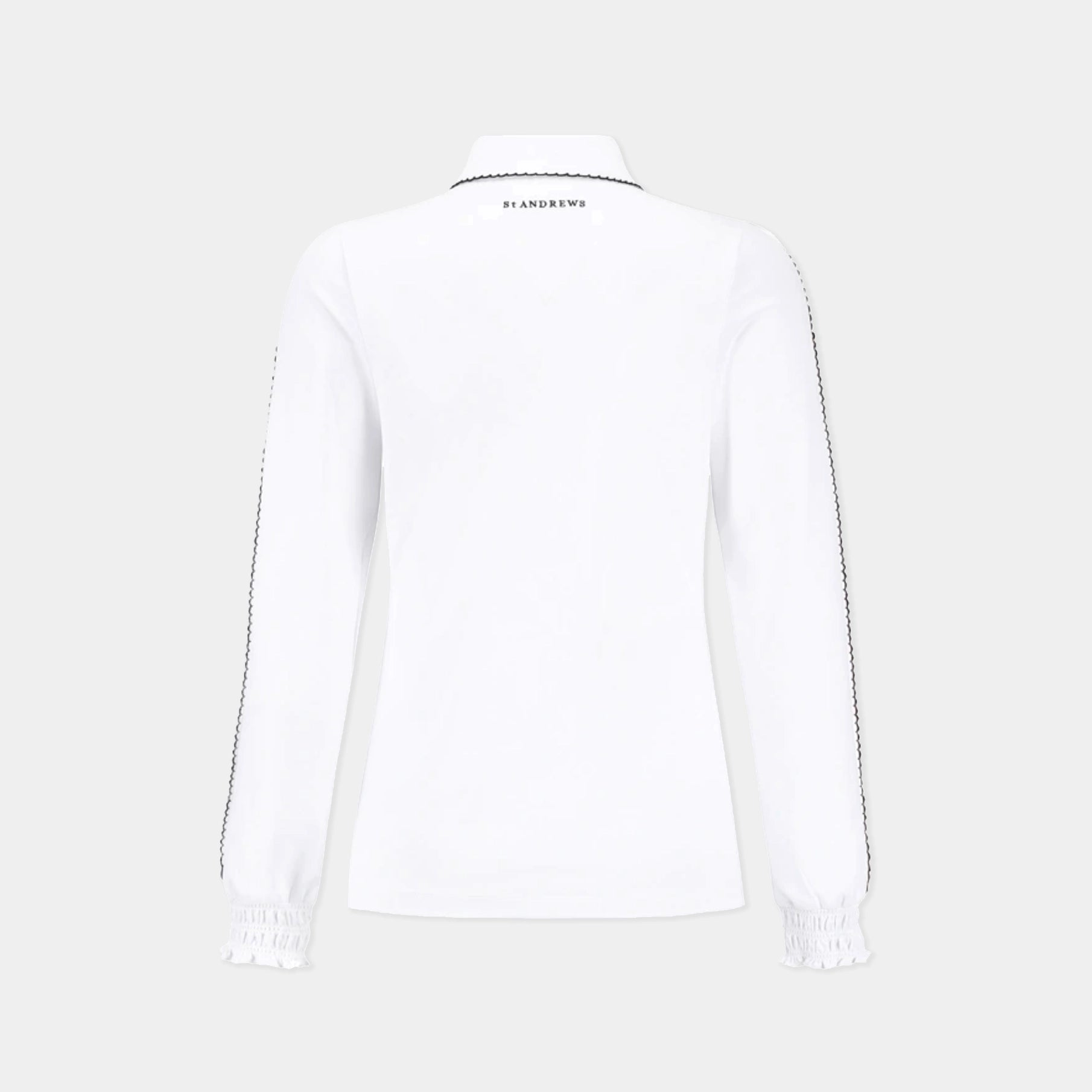 White long-sleeve collared top shown from the back, with black chain detailing running down the sleeves and a small black brand print at the inner neck.
