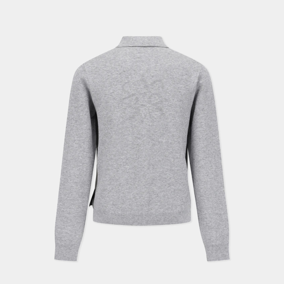 A light gray heather long-sleeve knit top shown from the back, featuring a subtle tonal graphic and side tabs, on a light gray background.