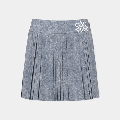 A pleated mini skirt in a textured slate blue-gray fabric, featuring a white embroidered floral accent on the left side of the waistband, shown against a light gray background.