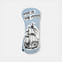 A light blue denim-textured golf club headcover featuring a black and white illustration of a sailing ship and the text &