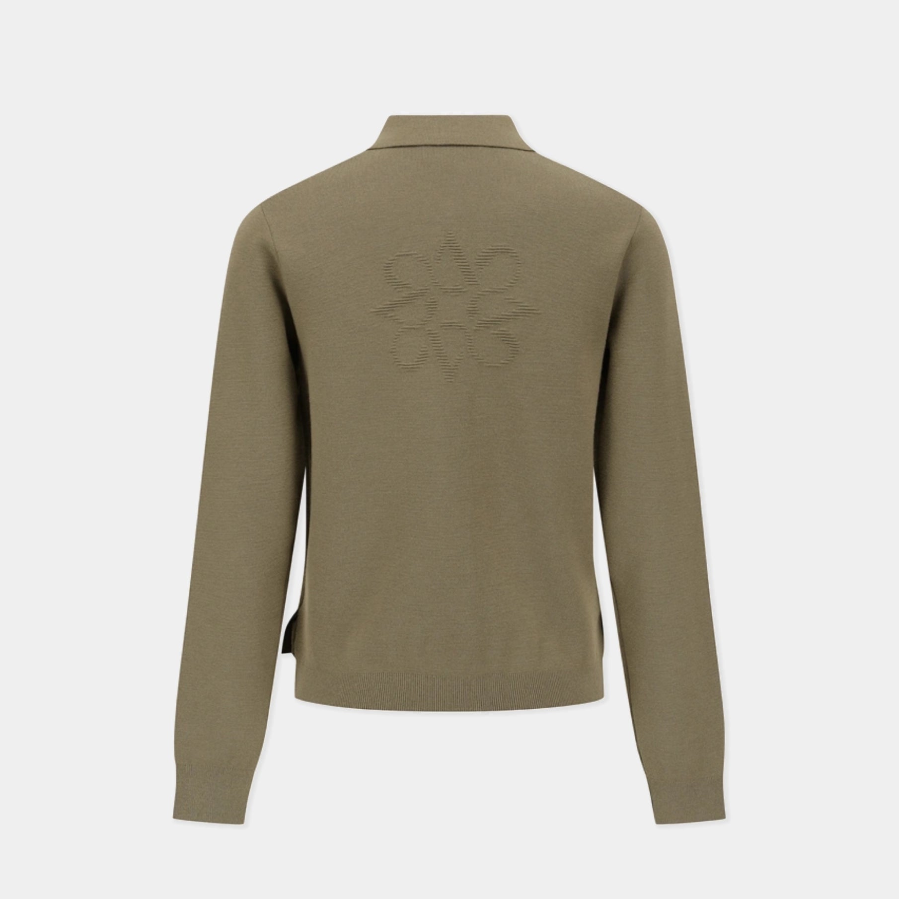 An olive green knit sweater shown from the back, featuring a subtle tonal embroidered logo on the upper back and side tabs, set against a plain light gray background.