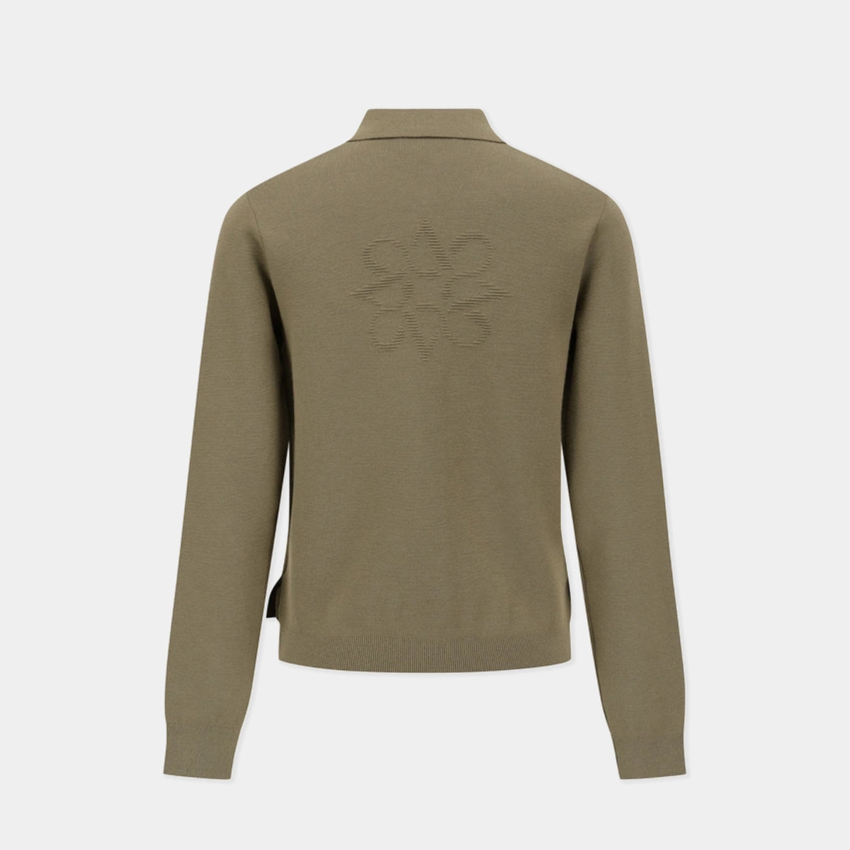 An olive green knit sweater shown from the back, featuring a subtle tonal embroidered logo on the upper back and side tabs, set against a plain light gray background.