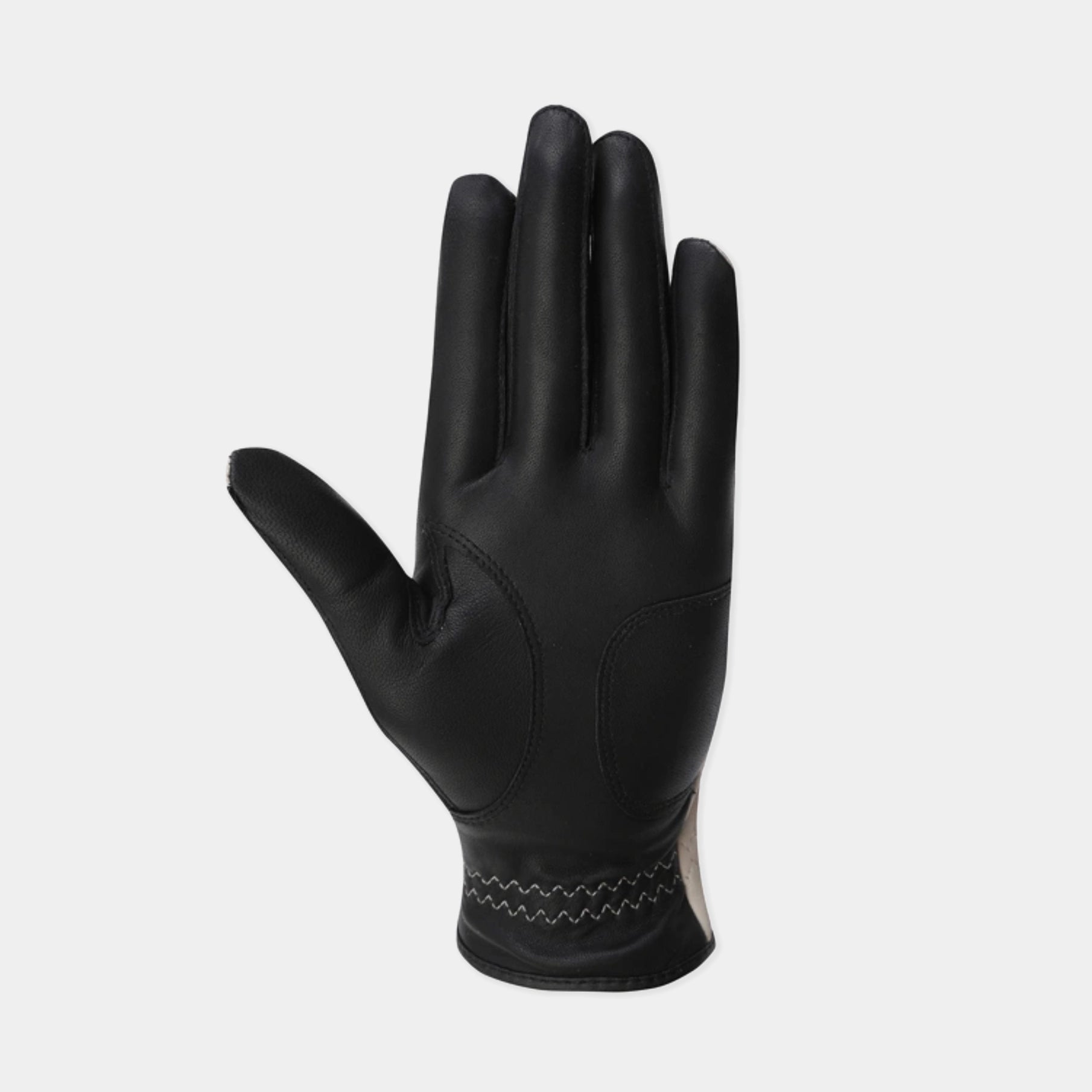Women's black leather golf glove shown from the palm side.
