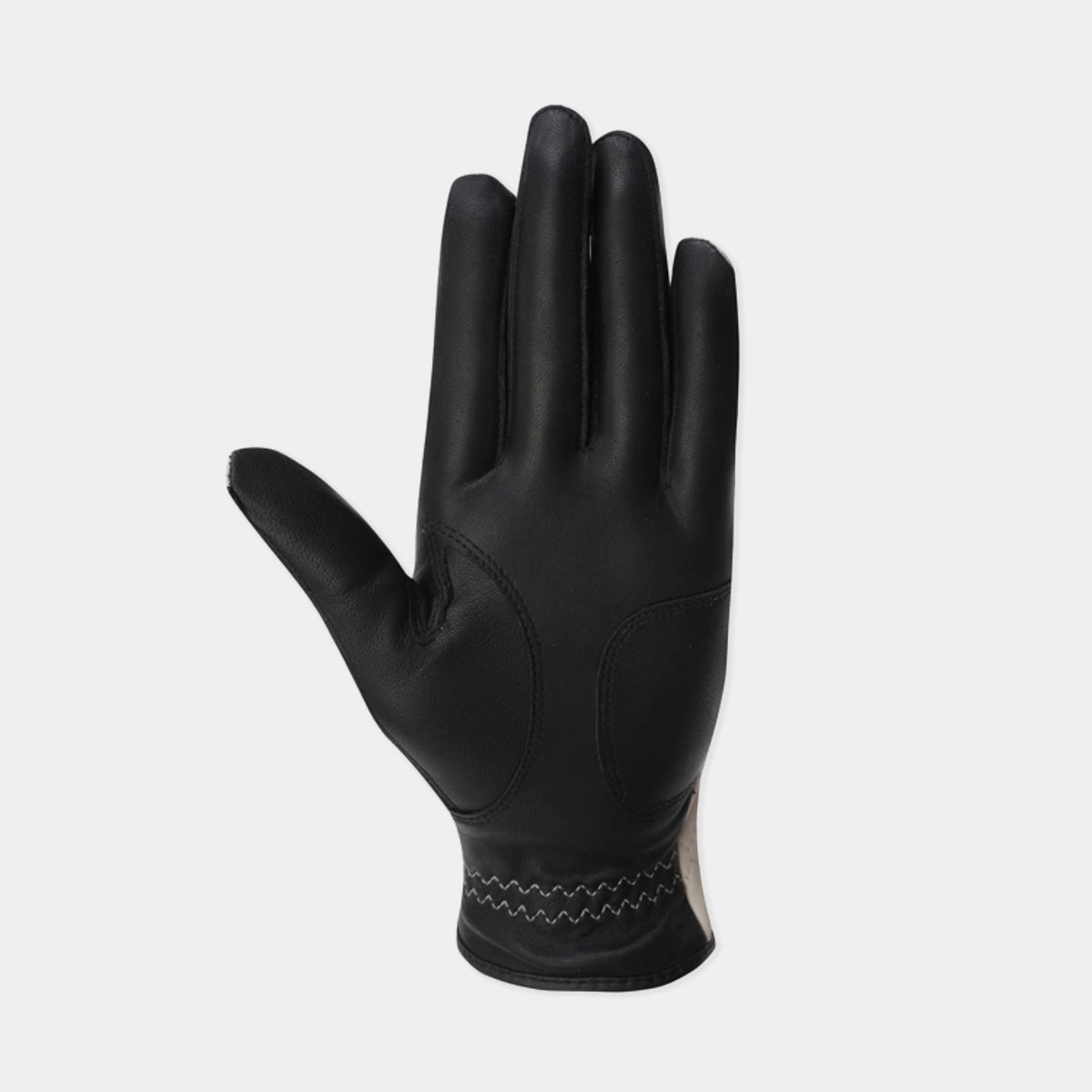 Women's black leather golf glove shown from the palm side.