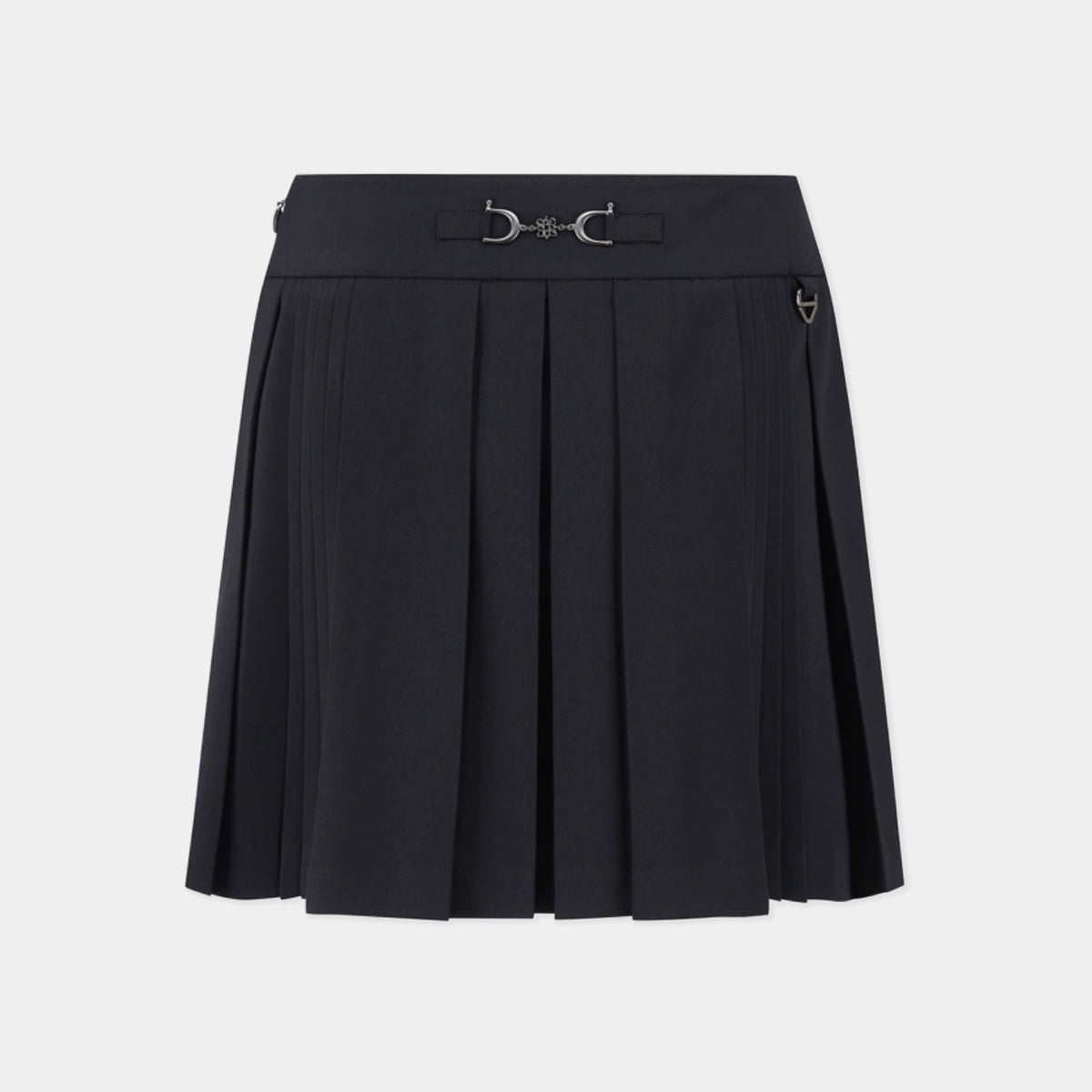 A black pleated mini skirt with a matching waistband belt featuring a silver horsebit buckle, shown against a light gray background.