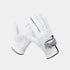 A pair of white leather golf gloves with black trim and a black-and-white striped bow detail on the back of one glove, shown against a light gray background.