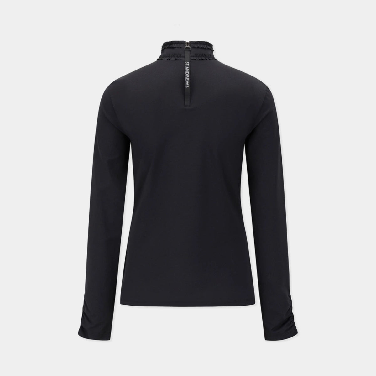 A black long-sleeve athletic top shown from the back, featuring a mock neck with a zipper and a vertical white 'ST ANDREWS' brand label.
