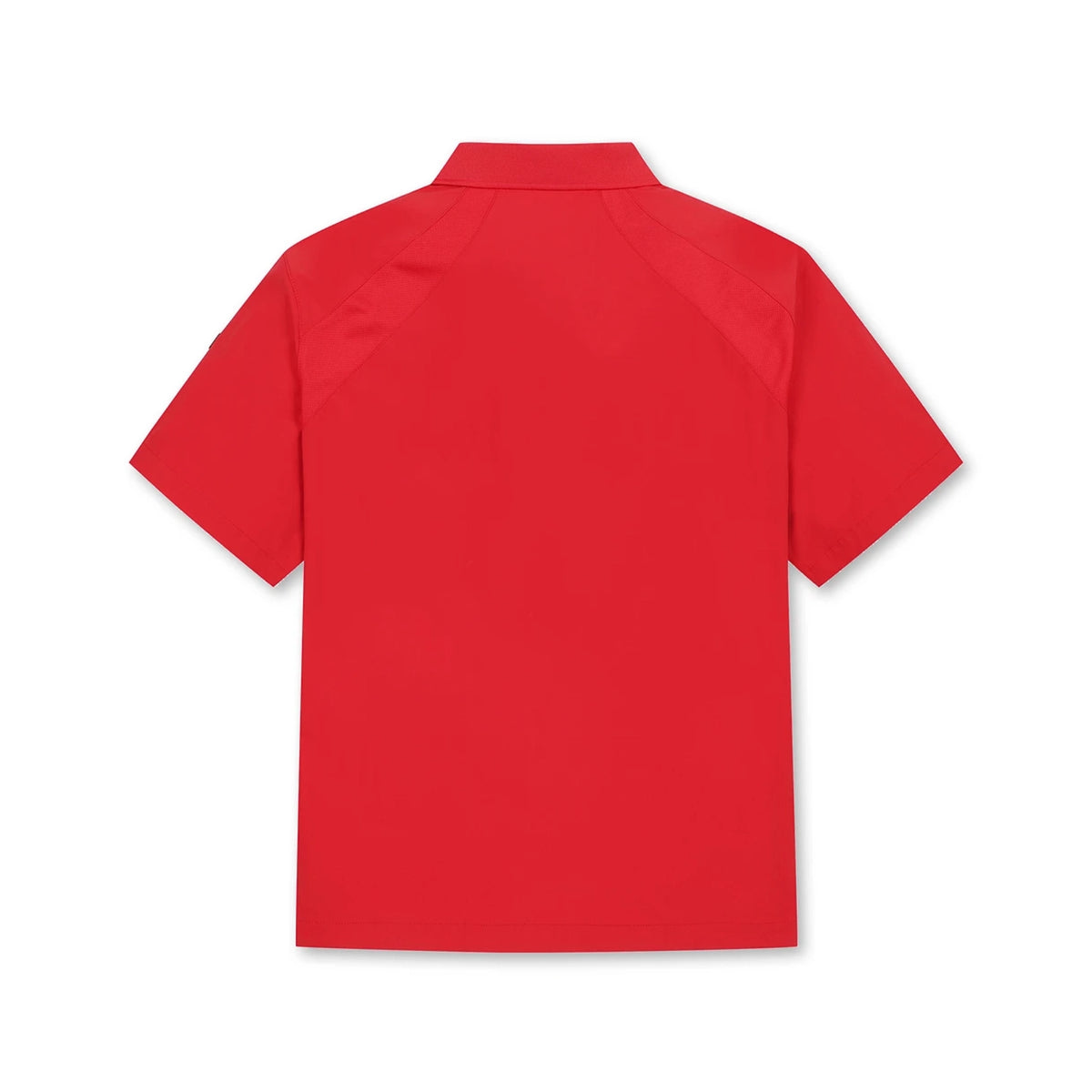 A bright red short-sleeve collared shirt shown from the back, photographed flat against a clean white background.