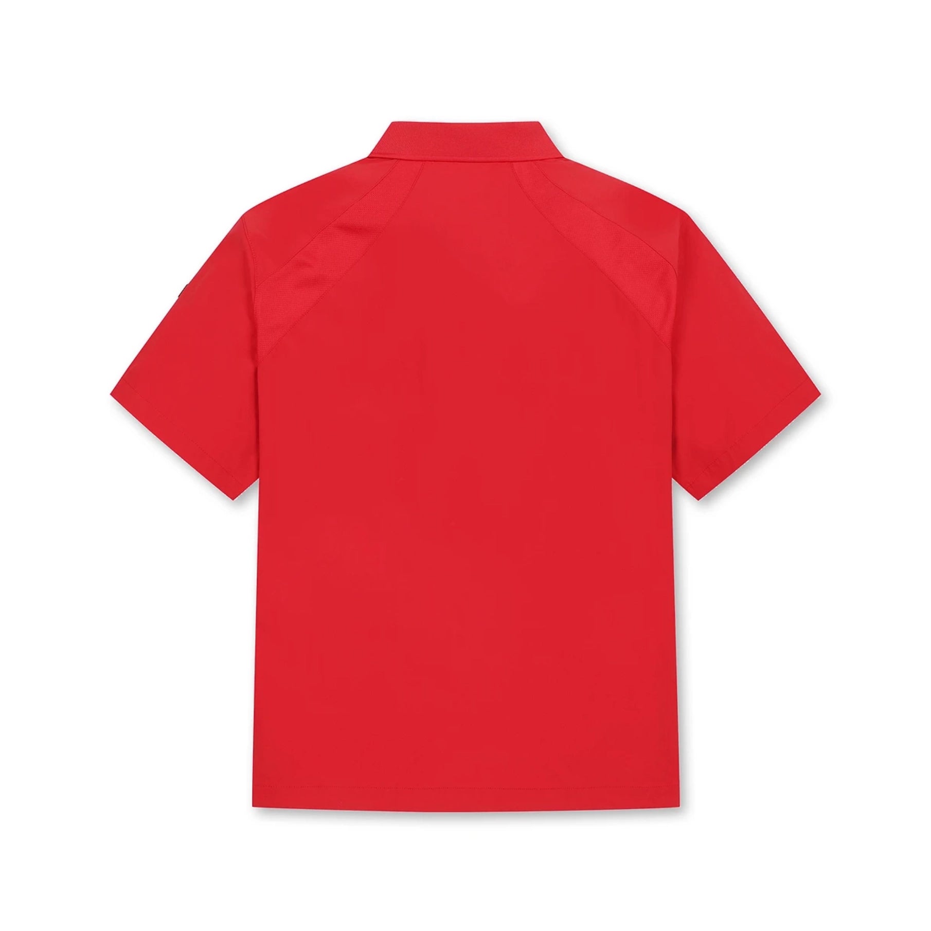 A bright red short-sleeve collared shirt shown from the back, photographed flat against a clean white background.