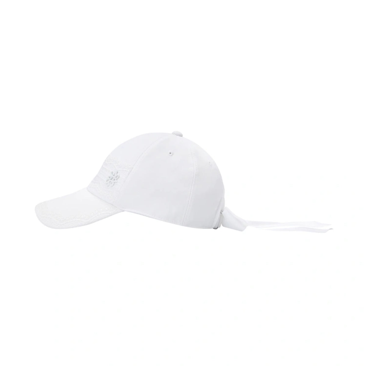 A white baseball cap with a small embroidered logo on the side and a matching white chin strap, shown against a plain white background.