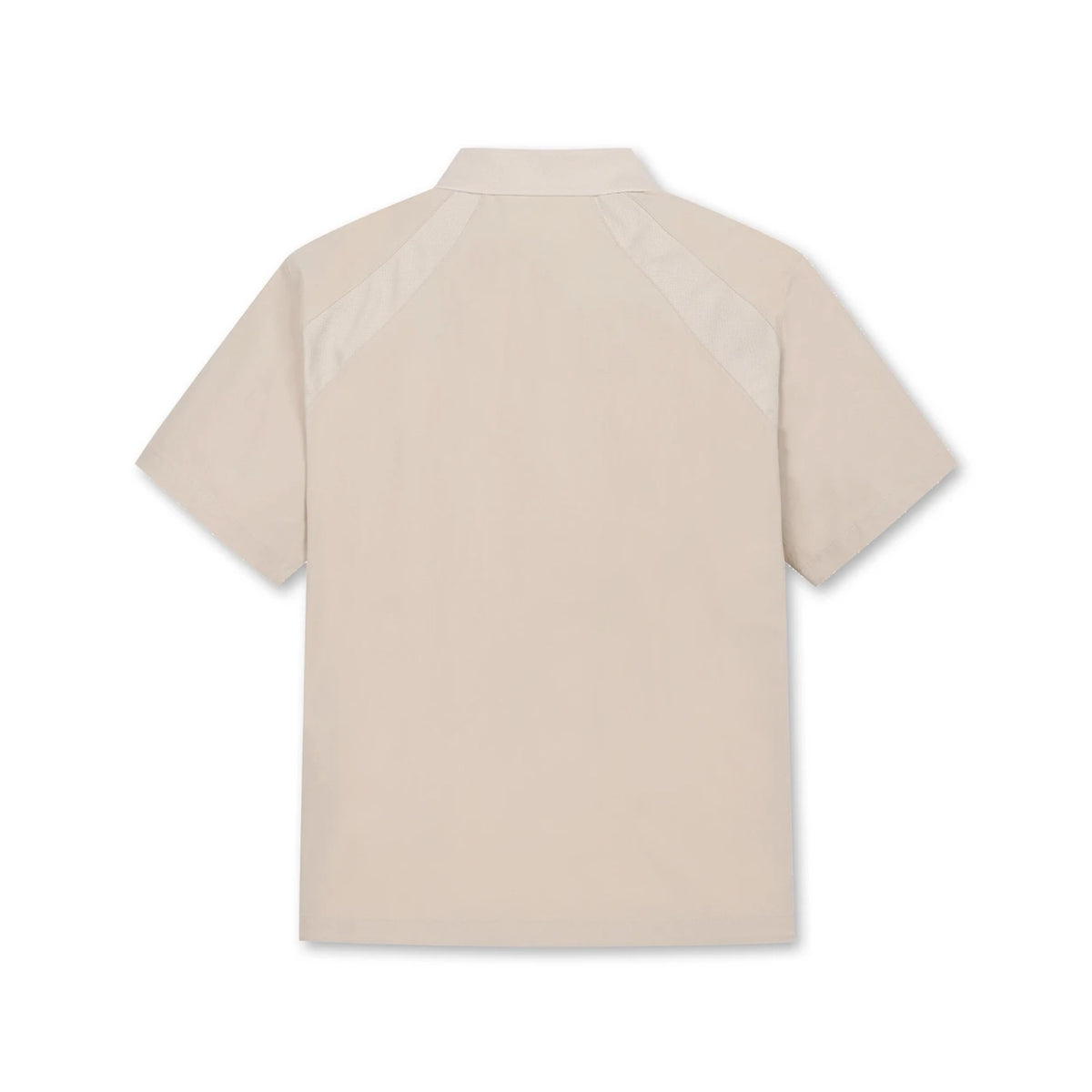 A short-sleeve collared shirt shown from the back, in a light beige color with contrasting light gray shoulder panels, displayed on a clean white background.
