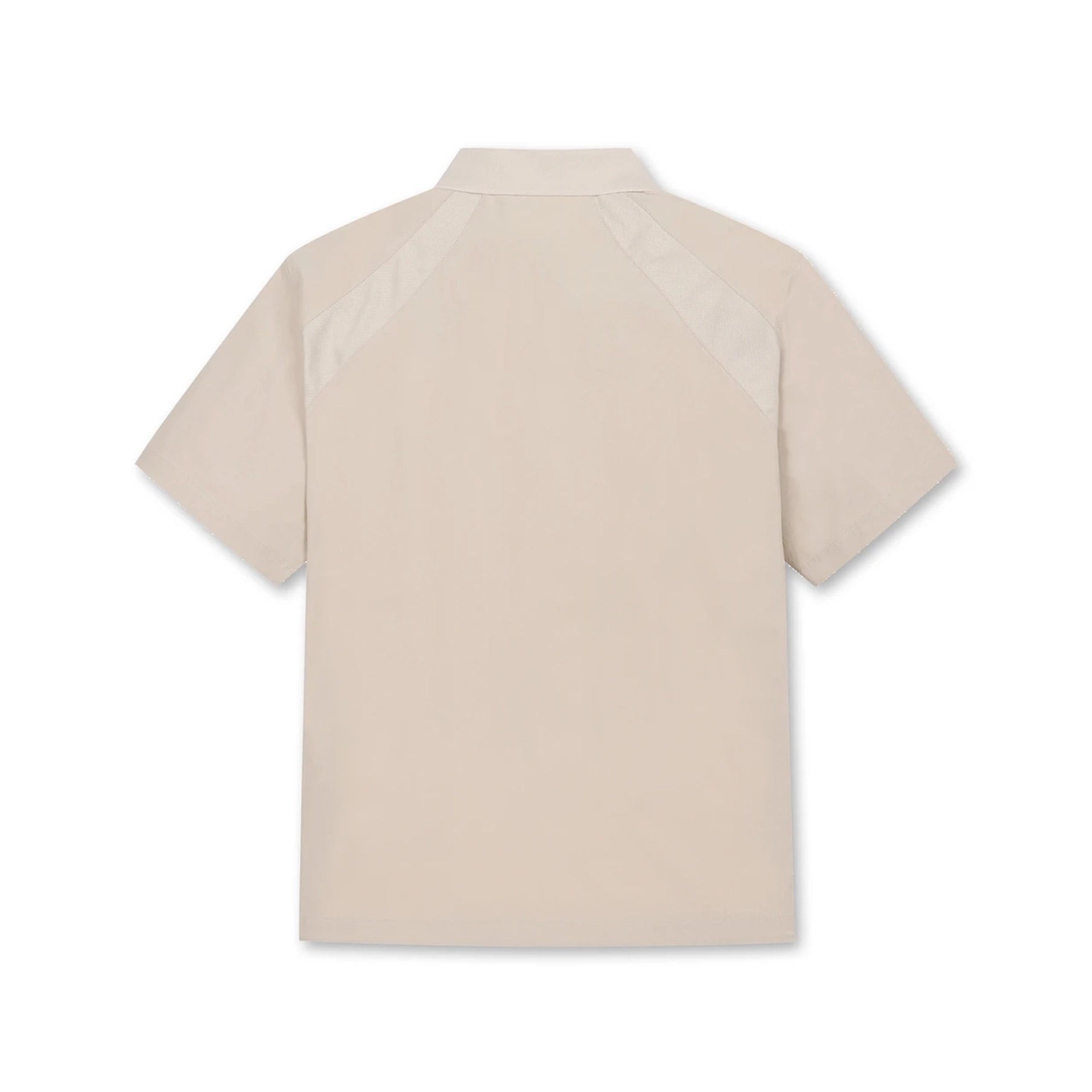 A short-sleeve collared shirt shown from the back, in a light beige color with contrasting light gray shoulder panels, displayed on a clean white background.