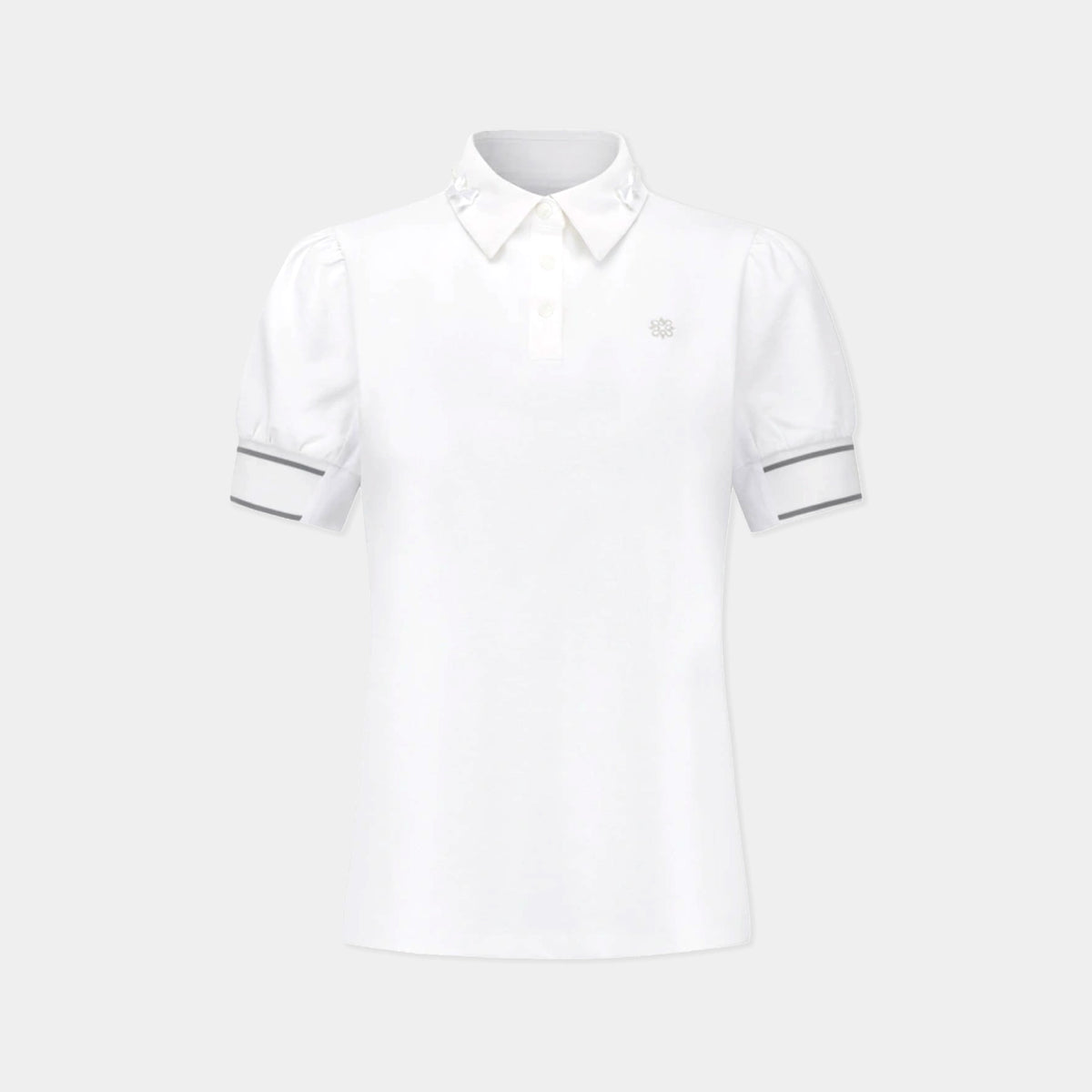 A white short-sleeve polo shirt with puffed sleeves, featuring a small embroidered logo on the left chest and contrasting dark gray stripe details on the sleeve cuffs, shown against a light gray background.