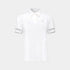 A white short-sleeve polo shirt with puffed sleeves, featuring a small embroidered logo on the left chest and contrasting dark gray stripe details on the sleeve cuffs, shown against a light gray background.