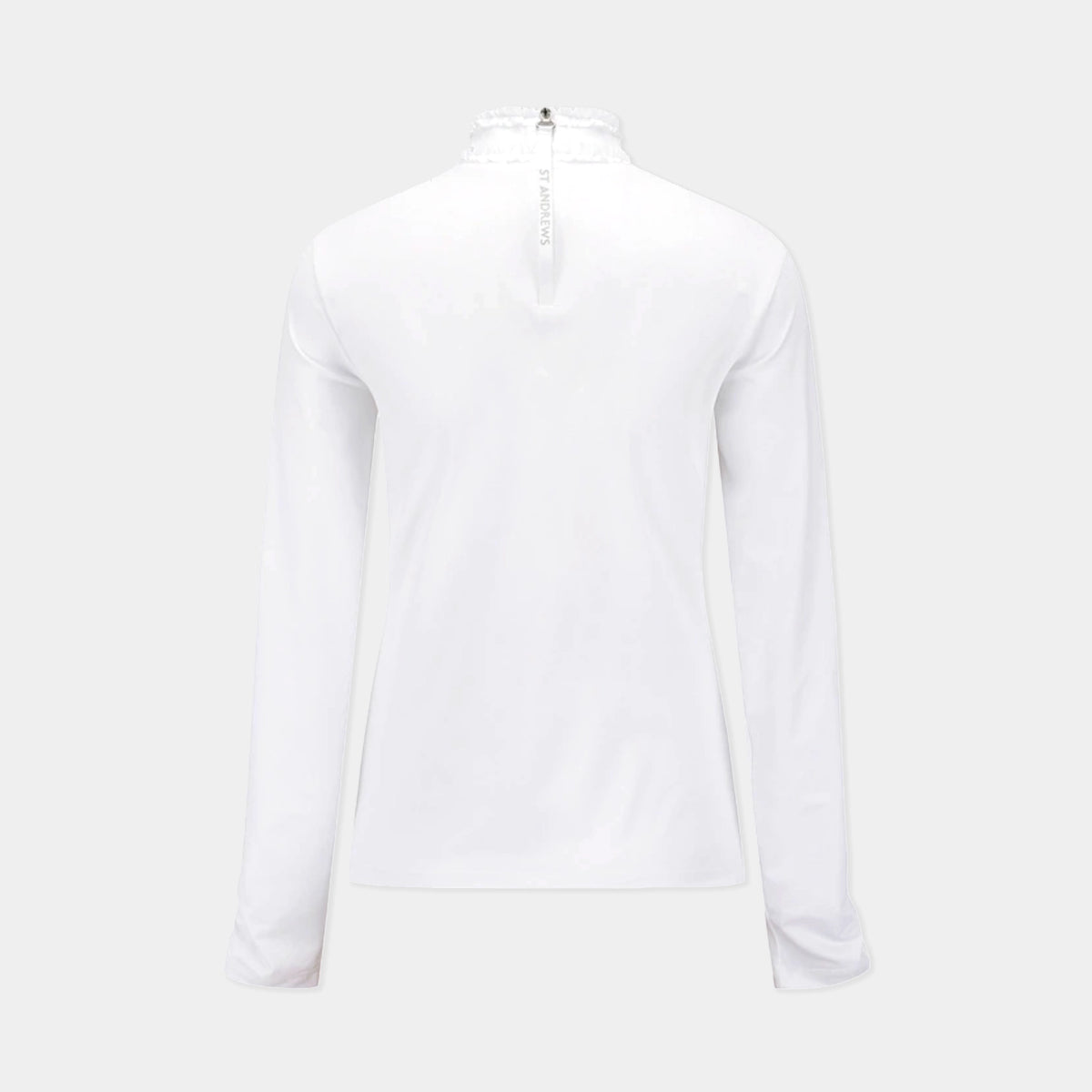 A white long-sleeve athletic quarter-zip pullover shown from the back, featuring a high mock neck and a subtle tonal logo on the upper back, set against a light gray studio background.