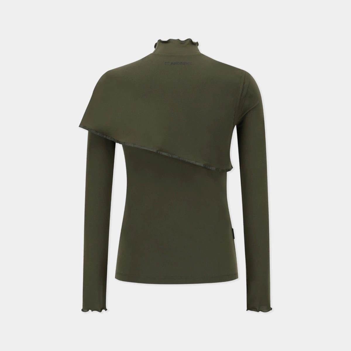 An olive green long-sleeve top with a high mock neck and an asymmetrical draped overlay detail across the chest, displayed on a ghost mannequin against a light gray background.