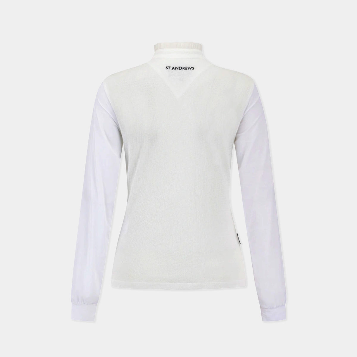 A white mock neck knit sweater with long sleeves and a V-neckline, displayed on a mannequin against a light gray background. The brand name 'ST ANDREWS' is printed on the inside of the collar.
