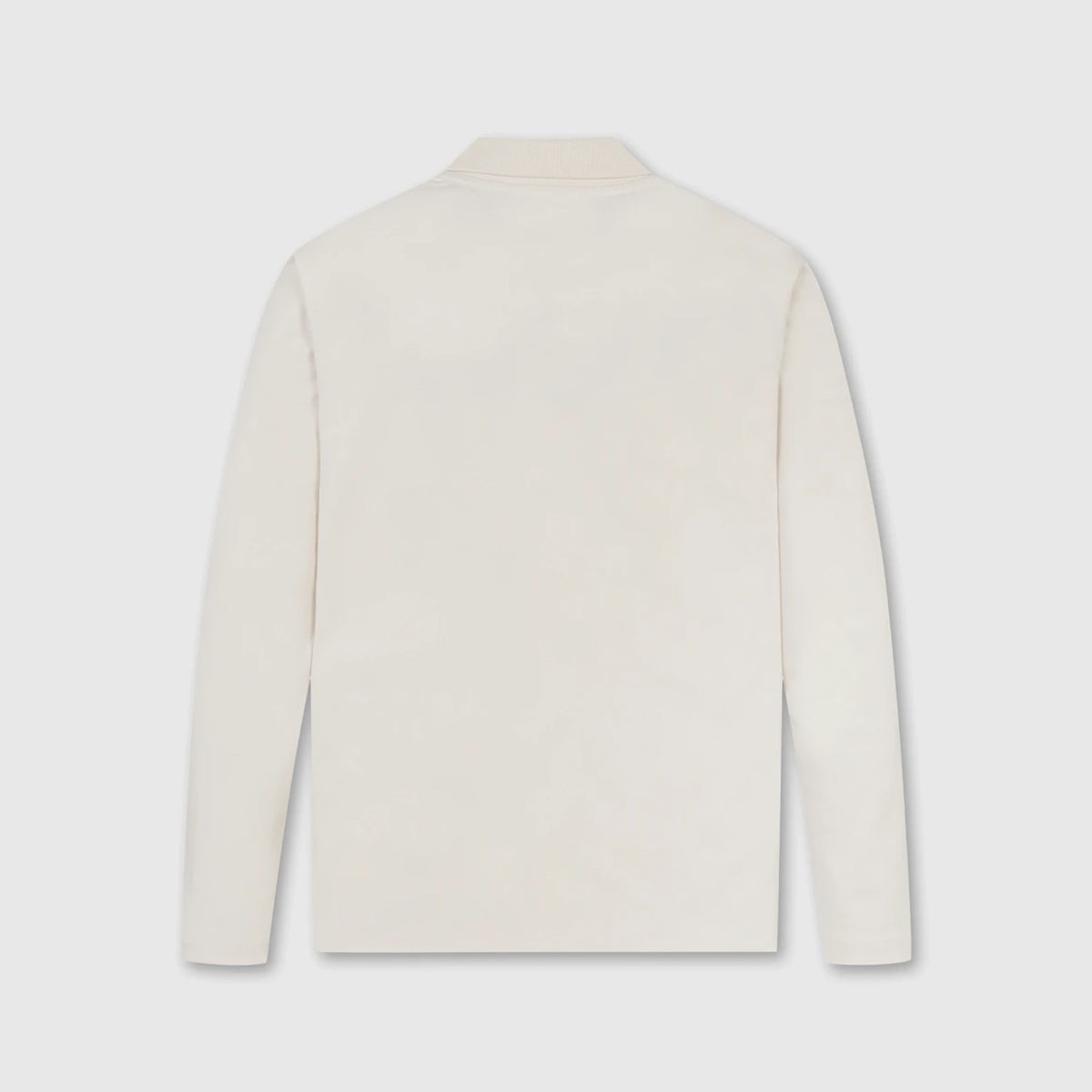 A long-sleeve cream-colored knit top shown from the back, featuring a simple collar and a clean silhouette, set against a light gray background.