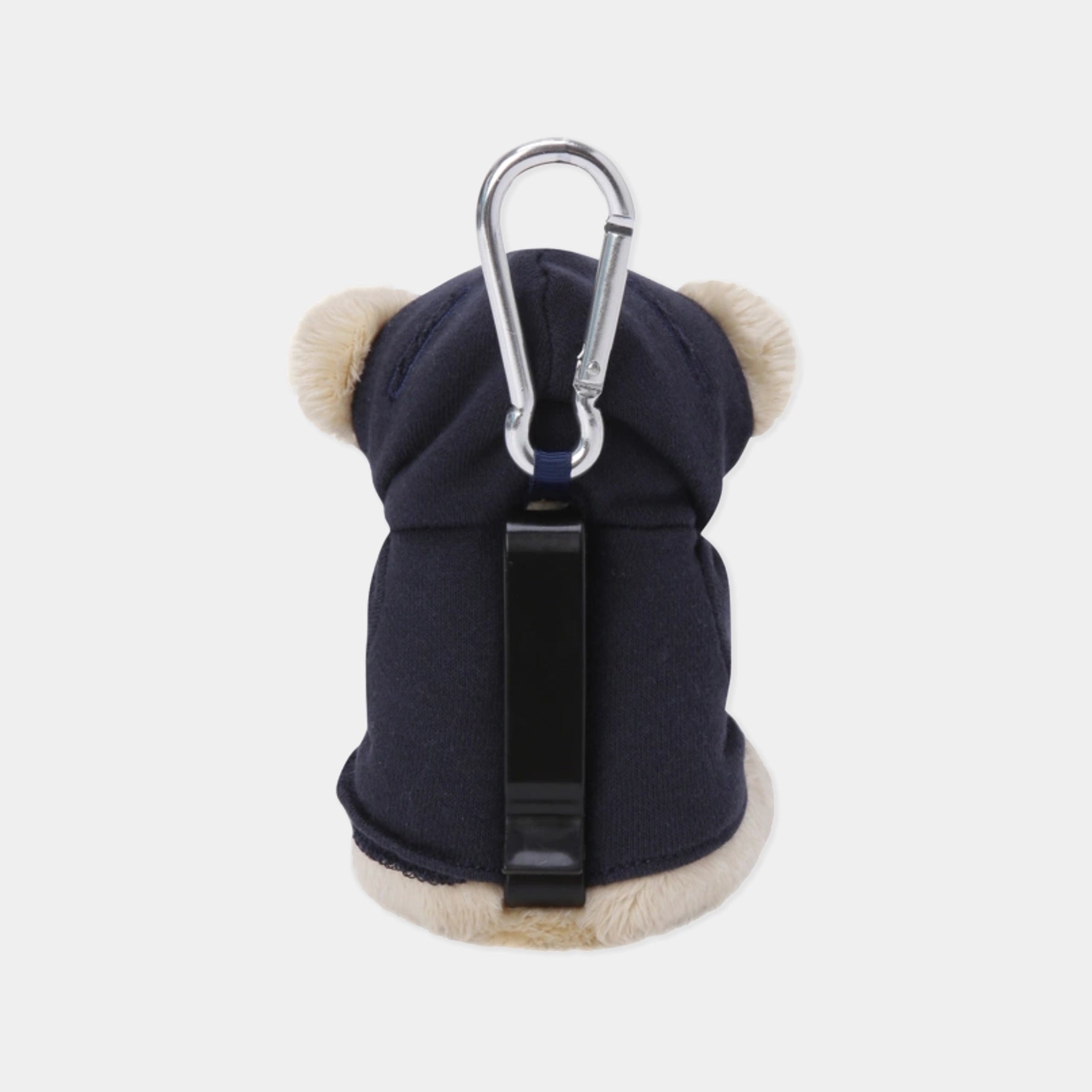 A navy blue pet hoodie keychain or bag charm shaped like a teddy bear, featuring cream-colored faux fur trim on the ears and bottom, a black plastic buckle strap, and a silver metal carabiner at the top, shown against a light gray background.