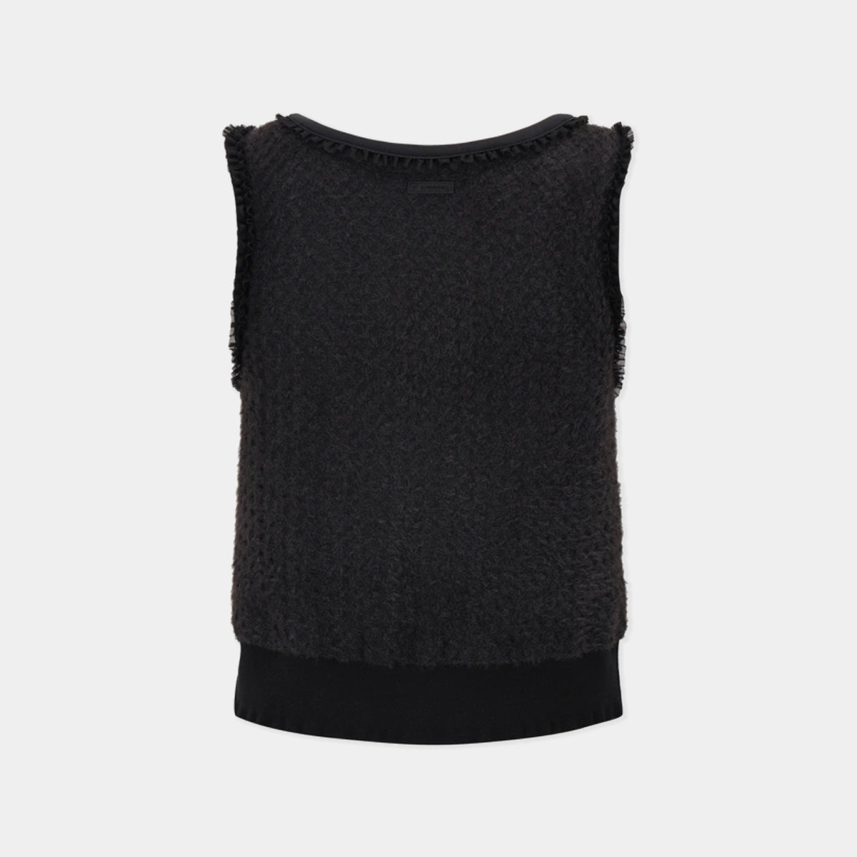 A sleeveless black textured knit top with frayed trim along the shoulders and a solid black ribbed hem, shown against a light gray background.