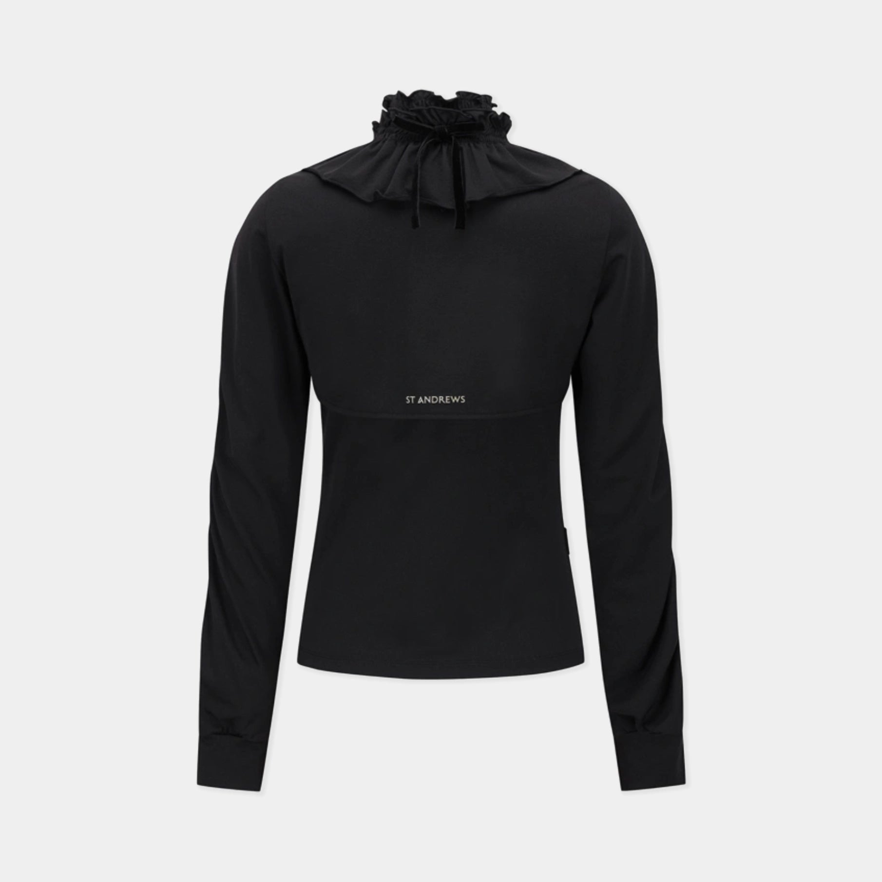 A black long-sleeve top with a ruffled drawstring neck, shown on a light gray background. The brand name 'ST ANDREWS' is printed in small white letters on the chest.