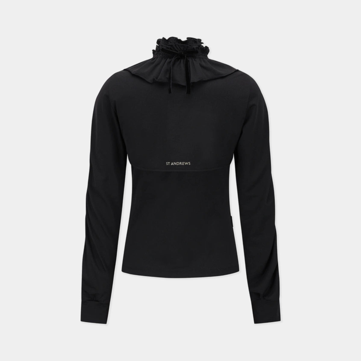 A black long-sleeve top with a ruffled drawstring neck, shown on a light gray background. The brand name 'ST ANDREWS' is printed in small white letters on the chest.