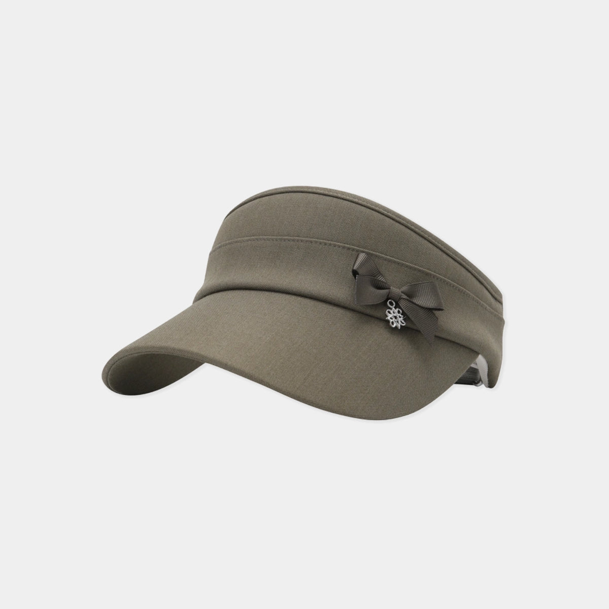 An olive green visor hat with a dark brown bow and a small rhinestone embellishment on the side, shown against a light gray background.