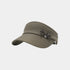 An olive green visor hat with a dark brown bow and a small rhinestone embellishment on the side, shown against a light gray background.