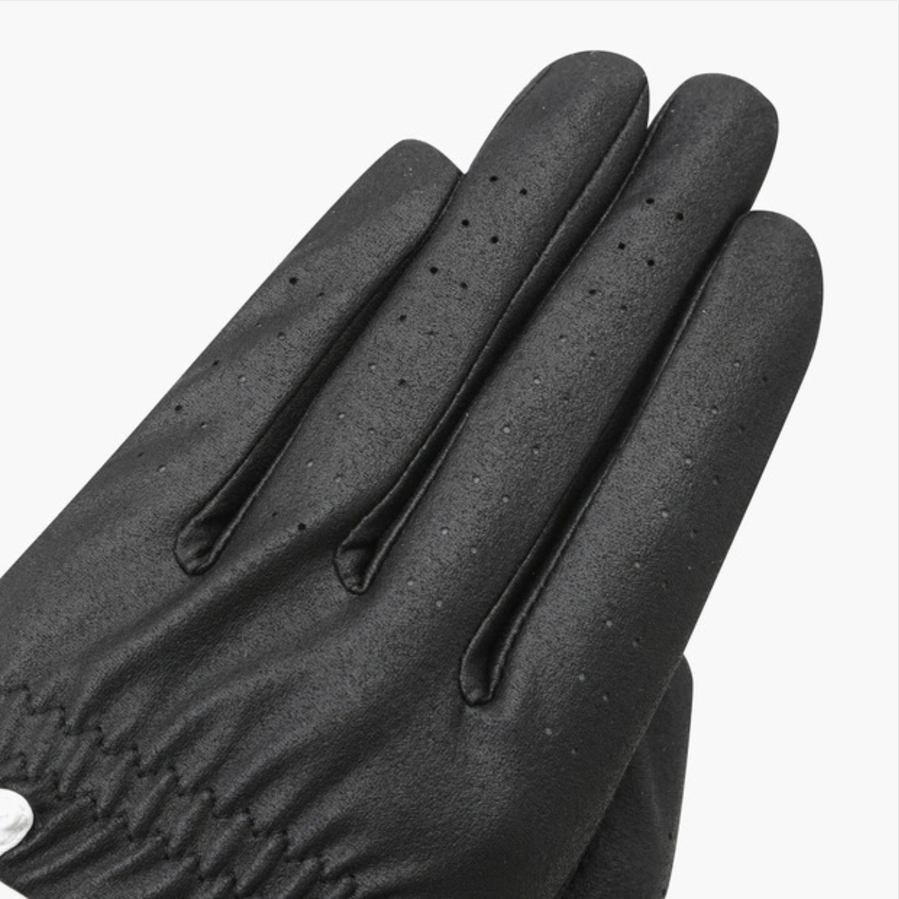 A close-up of a black glove with perforated details on the back of the hand, shown against a plain white background.
