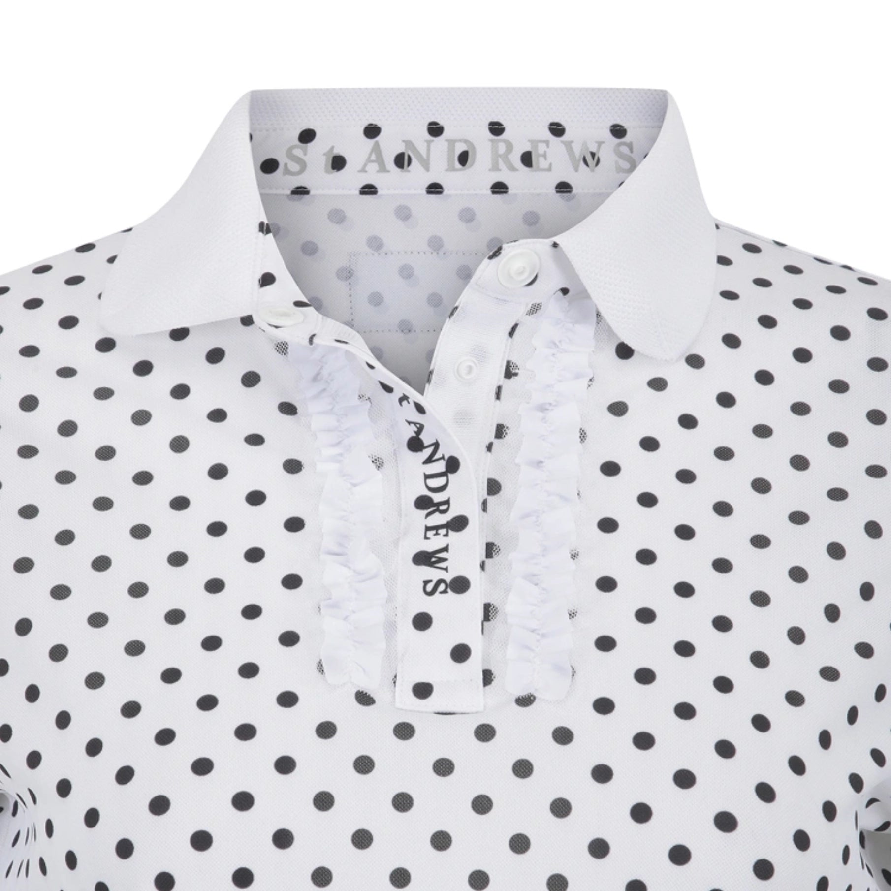 White collared button-up shirt with black polka dots, featuring a ruffled tie-neck detail with the brand name Andrews printed vertically.