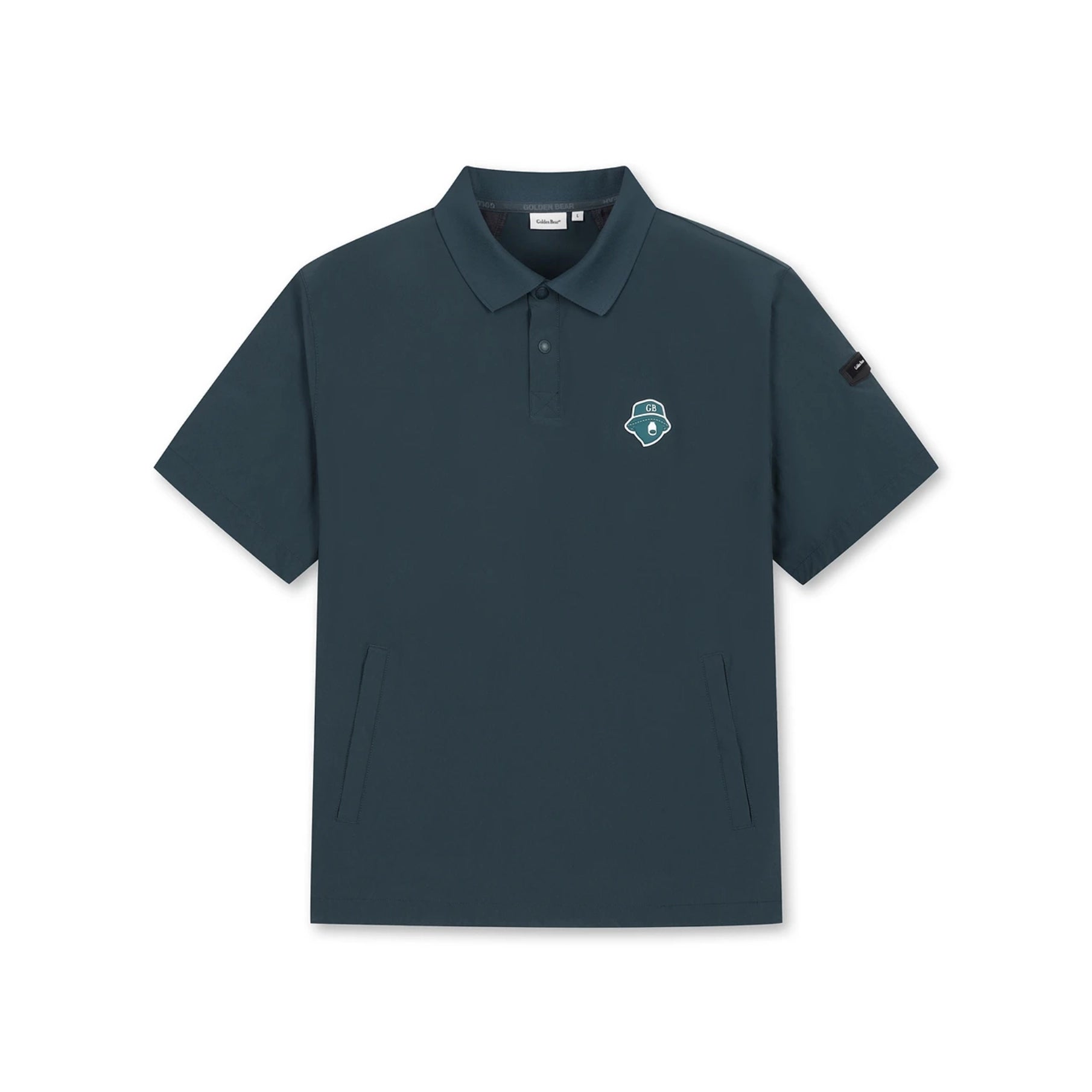 A dark teal short-sleeve polo shirt with a small shield logo on the left chest, displayed flat against a solid white background.