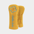 A pair of mustard yellow quilted baby headcover with embroidered details, including a smiling cloud on one bootie and the words &
