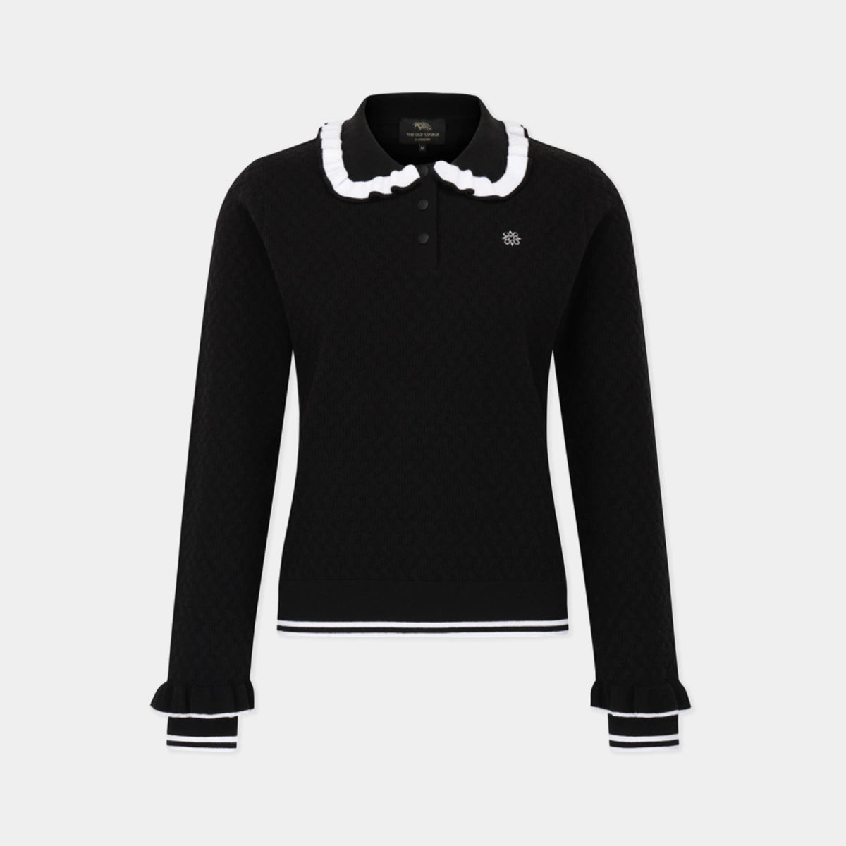 A black long-sleeve polo sweater with a white ruffled collar, white trim at the hem, and white trim at the cuffs, featuring a small embroidered logo on the left chest.