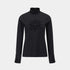 A black long-sleeve mock neck top with a textured, raised floral or starburst pattern on the center chest, displayed on a neutral light gray background.