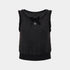 A sleeveless black textured knit top with a bow at the neckline and a small silver floral embellishment, shown against a light gray background.