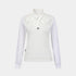 A white long-sleeve knit top featuring a layered ruffled collar with a matching fabric bow at the neck, and a small black floral embellishment on the chest, shown against a light gray background.