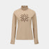 A beige long-sleeve mock neck top with a decorative beaded snowflake design on the chest, displayed on a neutral light gray background.