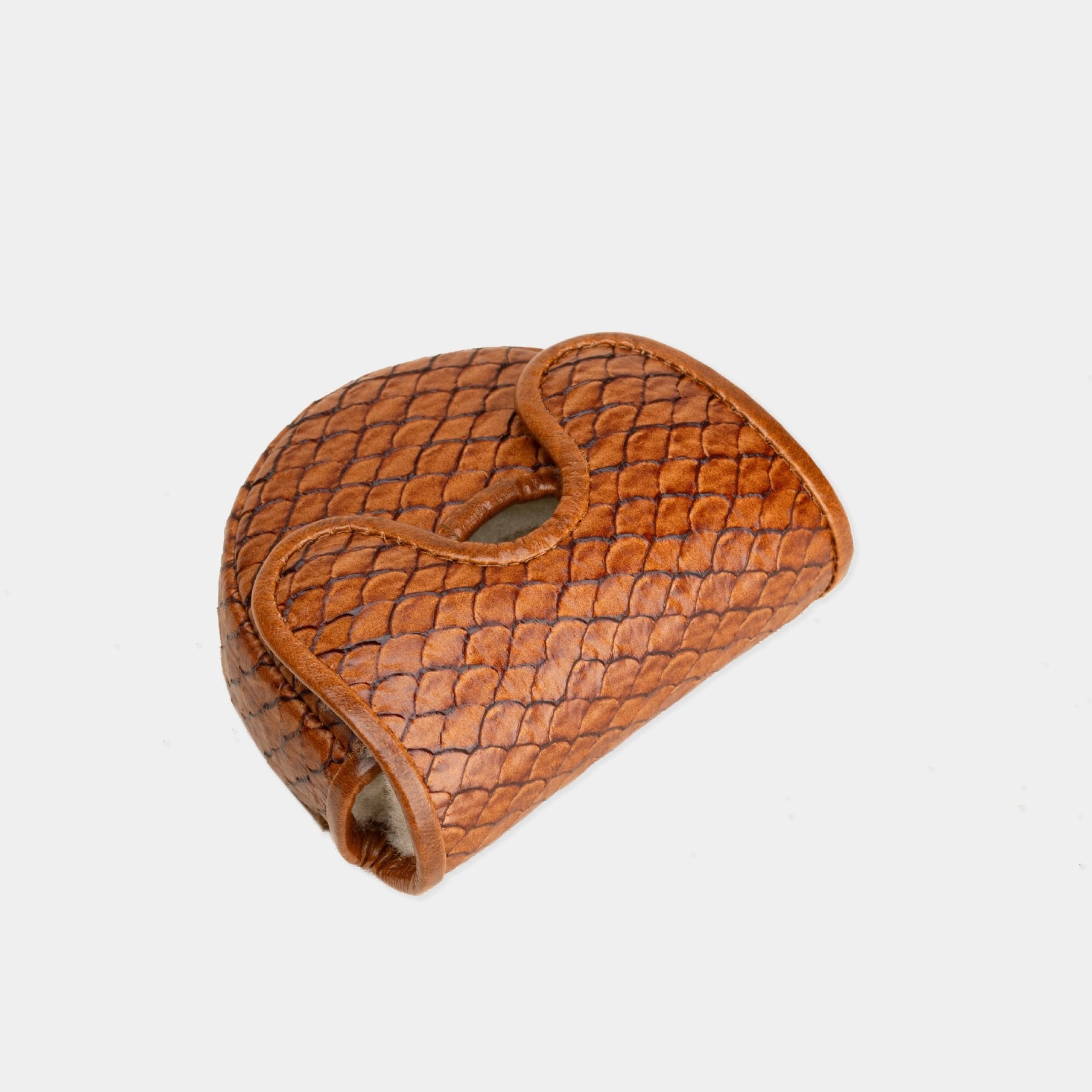 A brown textured leather OZ1 Putter Cover with a crocodile skin pattern, featuring a loop handle and a small cutout, shown on a light gray background.
