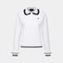 A white long-sleeve knit polo-style top with a ruffled black-and-white collar, black horizontal trim at the hem, and black-and-white striped cuffs, shown on a light gray background.