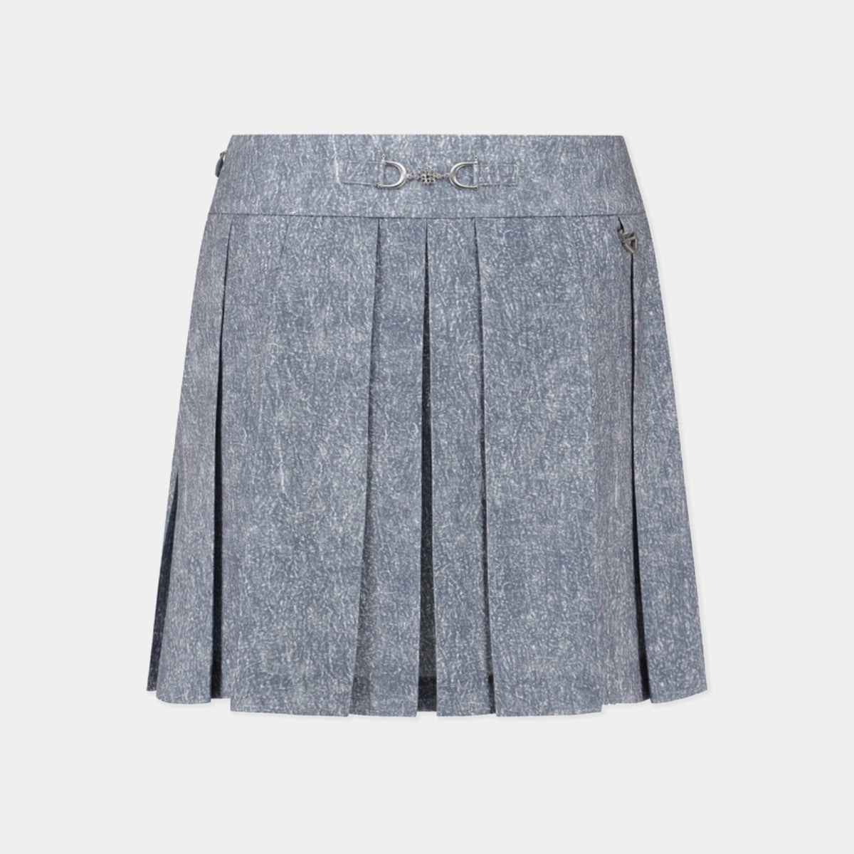 A pleated mini skirt in a textured slate blue-gray fabric, featuring a matching waistband with a silver horsebit detail and zippered side pockets, shown against a light gray background.