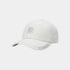 An off-white baseball cap featuring a small gray embroidered flower on the front and &