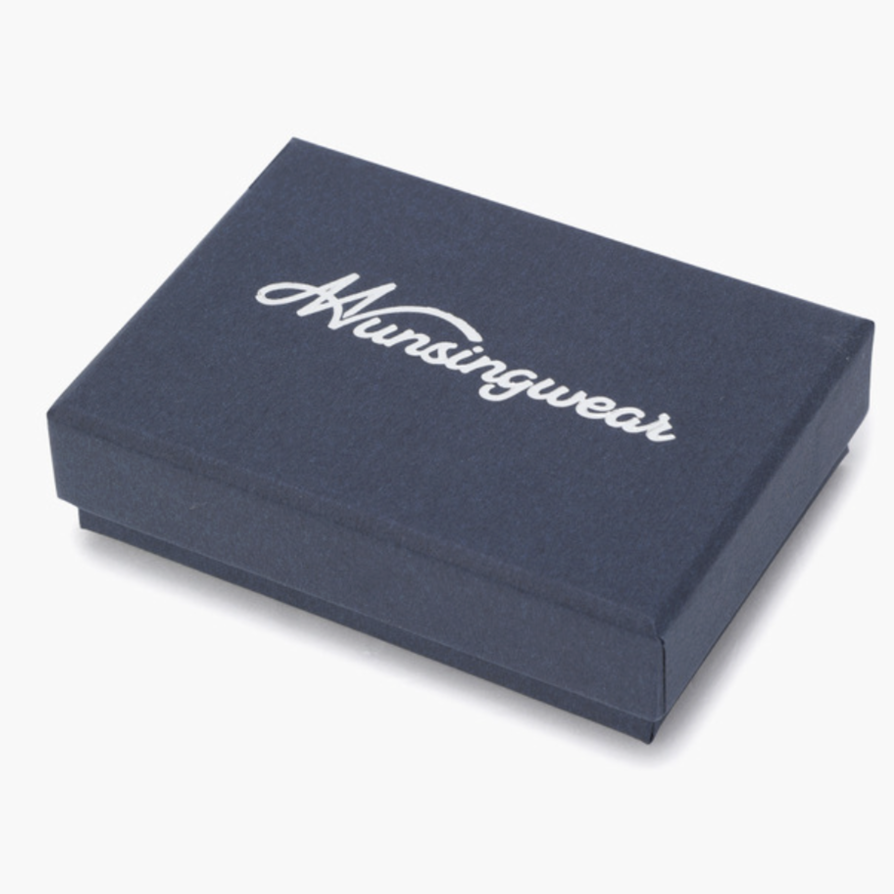 A dark navy blue rectangular presentation box with the brand name 'Munsingwear' printed in white cursive script on the top lid, set against a plain white background.