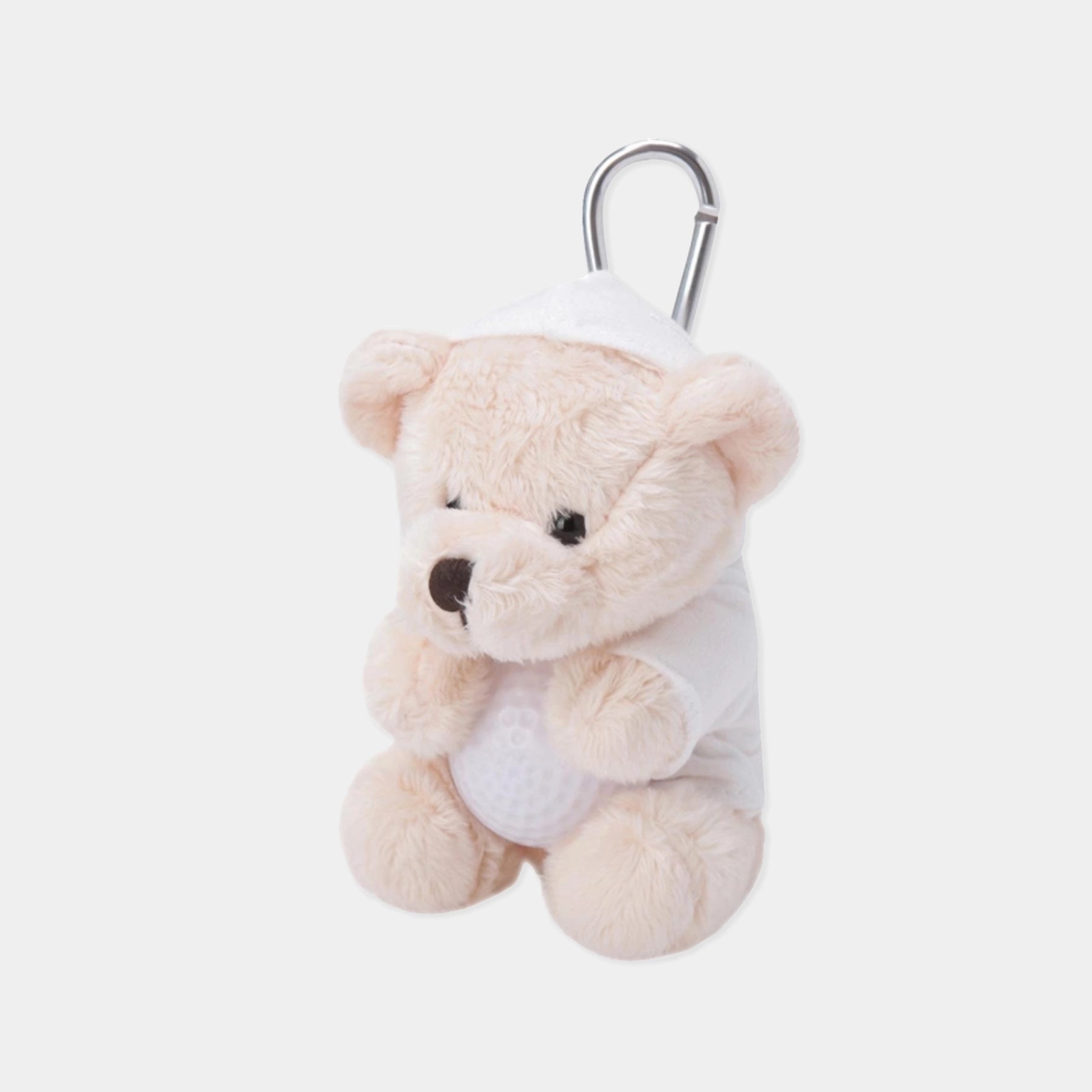 A small plush teddy bear keychain wearing a white diaper, attached to a silver metal carabiner, shown against a light gray background.