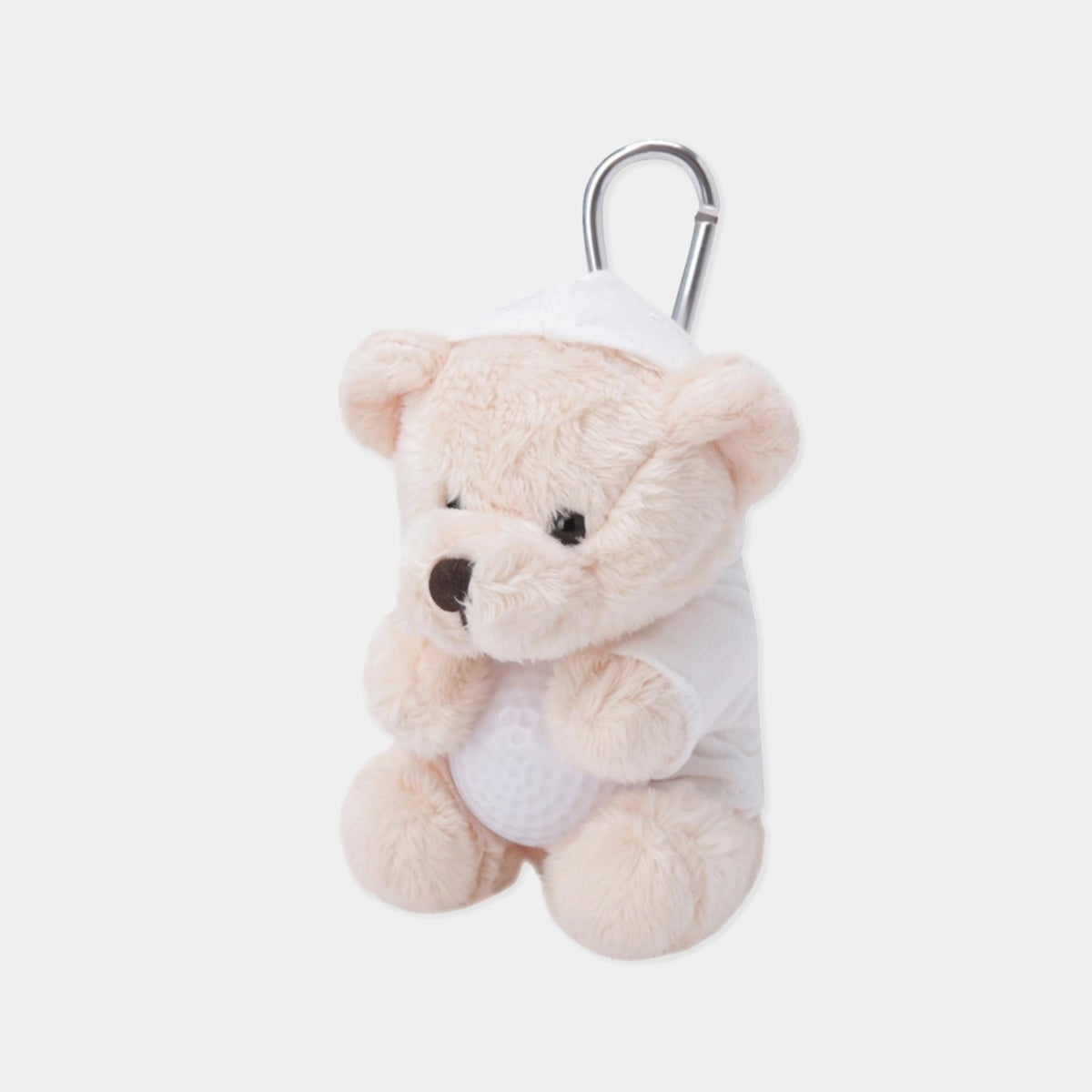A small plush teddy bear keychain wearing a white diaper, attached to a silver metal carabiner, shown against a light gray background.